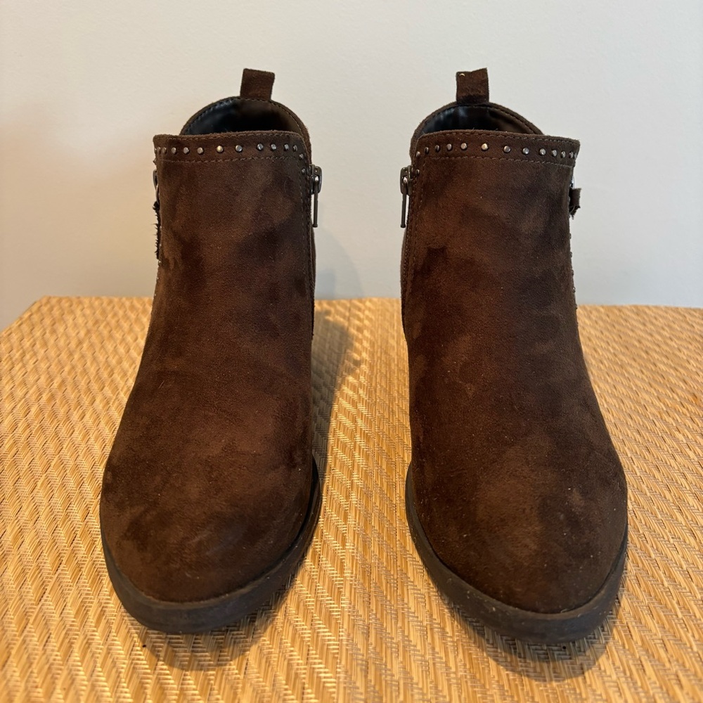 Dark Olive Suede Ankle Booties with Stud Trim